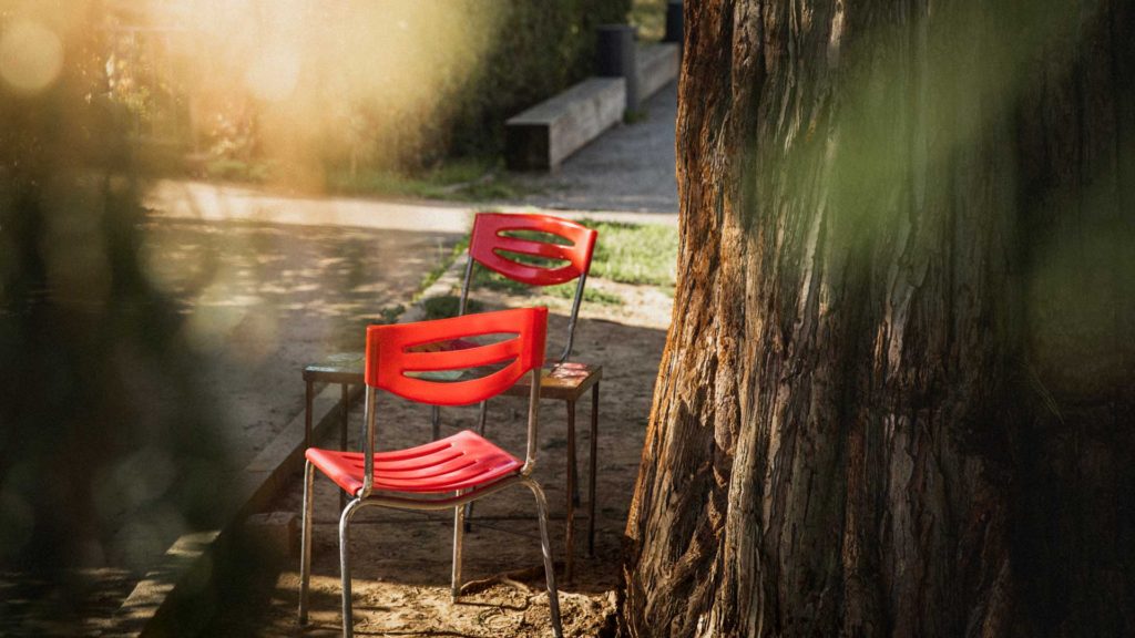Nahaufnahme - rote Stühle unter dem Baum im Aussenbereich vom Biosk
